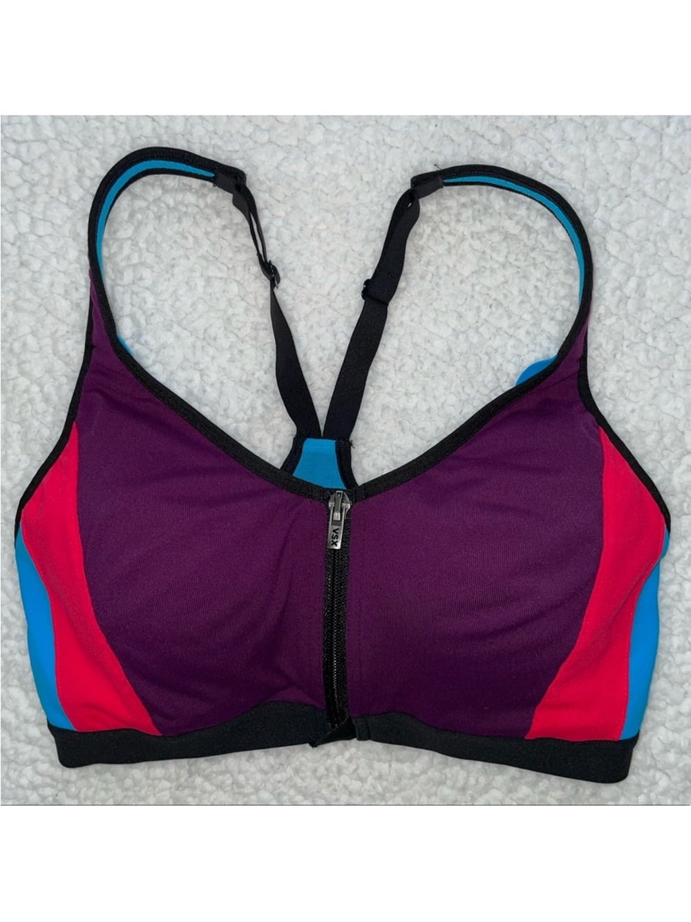 VSX SPORT sports bra zip color block purple blue red high support gym yoga 34C